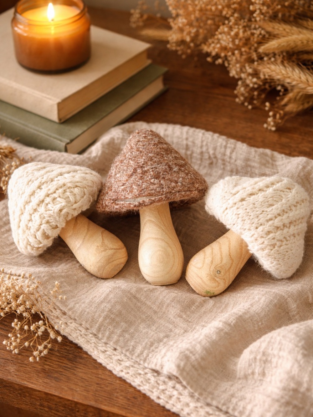 Wooden Knit Mushroom Decor Set of 3 Neutral Cottagecore Nursery